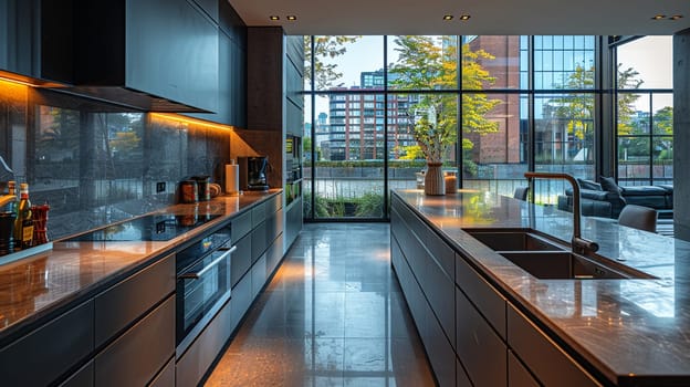 Ultra-modern kitchen with smart appliances and sleek, reflective surfaces