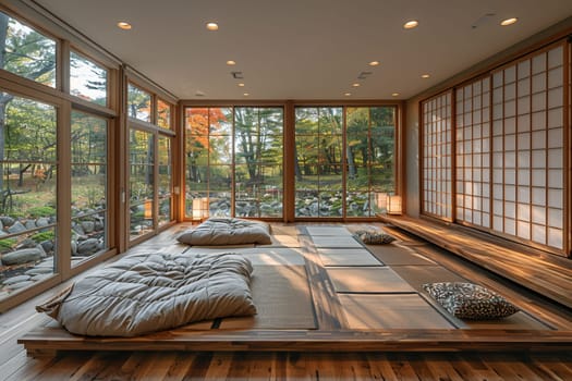 Zen meditation room with tatami mats, a low table, and serene artwork