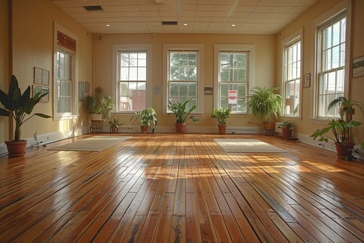 Peaceful yoga studio with natural wood floors and calming colors