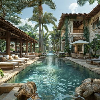 Tropical resort pool area with cabanas and a swim-up bar