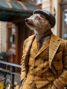 A sculpture of a stuffed animal in a yellow suit and hat stands proudly on the street, its fur perfectly detailed. This art piece resembles a playful monument in the bustling city