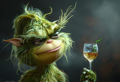 grinch is holding a wine. High quality photo