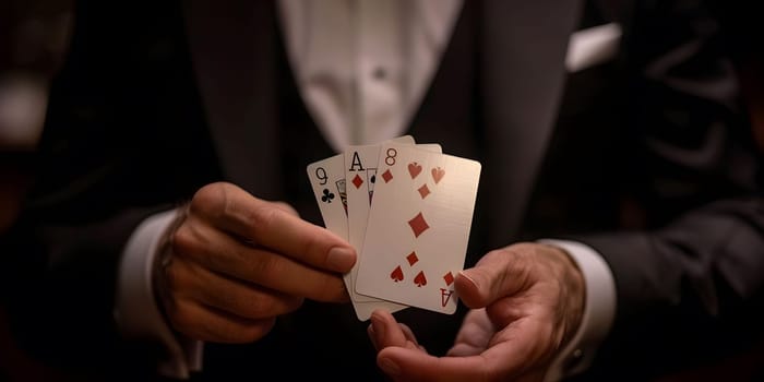 Magician shows trick with playing cards. Sleight of hand. Manipulation with props. High quality photo