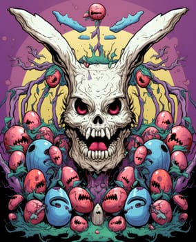 Happy Easter. Cartoon horror illustration of an alternative version of Easter celebration by monster rabbit in a psychedelic pop art style