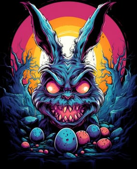 Happy Easter. Cartoon horror illustration of an alternative version of Easter celebration by monster rabbit in a psychedelic pop art style