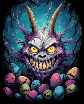 Happy Easter. Cartoon horror illustration of an alternative version of Easter celebration by monster rabbit in a psychedelic pop art style