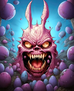 Happy Easter. Cartoon horror illustration of an alternative version of Easter celebration by monster rabbit in a psychedelic pop art style