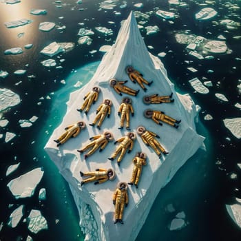 Group of people in yellow golden puffer jacket lies on a block of ice alone in the middle of the ocean sea. Environmental issue, climate change agenda, AI generated