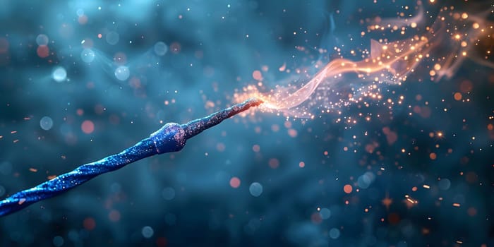 Magic wand with sparkle on blue background, Miracle magical stick Wizard tool on hot blue. High quality photo