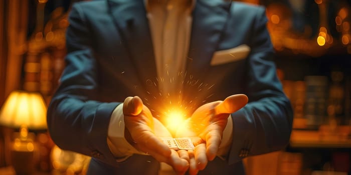 Man businessman holding hands over the magic sphere with a horoscope to predict the future. The concept of astrology as a business. High quality photo