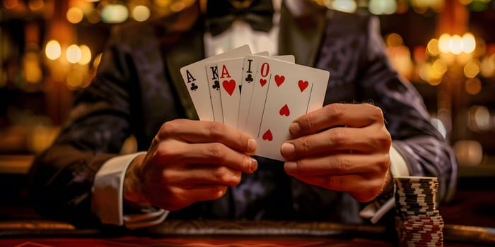 Magician shows trick with playing cards. Sleight of hand. Manipulation with props. High quality photo