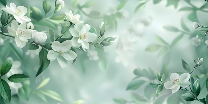 A beautiful painting depicting white flowers and green leaves on a tree branch, showcasing the delicate beauty of nature