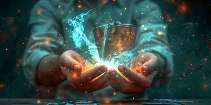 Image of man magician showing trick against color background. High quality photo