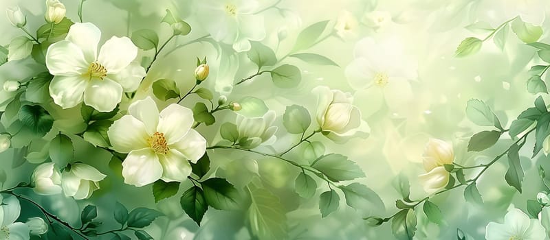A painting of white petals and green leaves on a grassy green background, showcasing a terrestrial plant in full bloom