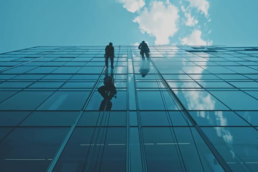 Two individuals are ascending a towering building, surrounded by azure water below and a clear blue sky above. The leisurely stroll offers a view of the swimming pool and fluffy white clouds