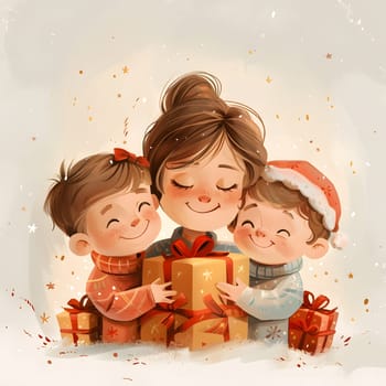 A woman and two children are happily holding Christmas presents, their smiles and joyful gestures creating a heartwarming holiday scene