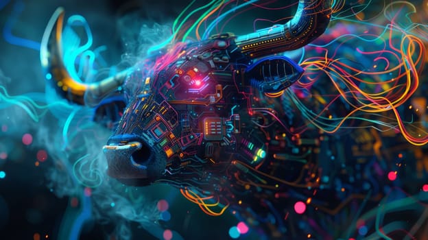 a highly detailed cyber bull with electronic circuit boards and laser eyes, abstract background.