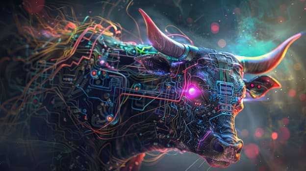 a highly detailed cyber bull with electronic circuit boards and laser eyes, abstract background.