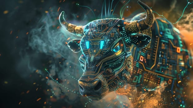 a highly detailed cyber bull with electronic circuit boards and laser eyes, abstract background.