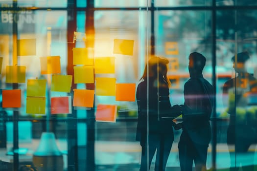 A man and a woman are admiring the art on the glass window with sticky notes in a city. The electric blue tints add fun to the transparent material, creating symmetry