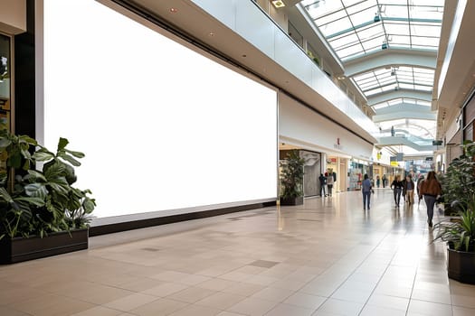 A prominent fixture in the center of the mall is a large white billboard. Its sleek design complements the modern building material of the citys architecture