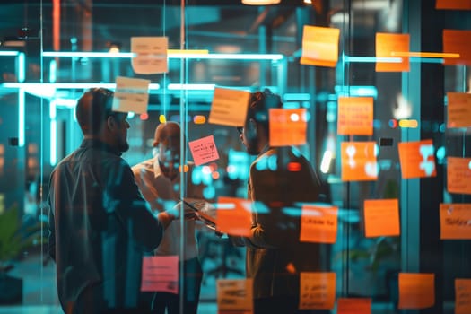 A group of people are gathered on the street to admire the electric blue tints and shades of art displayed on a glass rectangle at a retail event, creating a beautiful contrast against the darkness