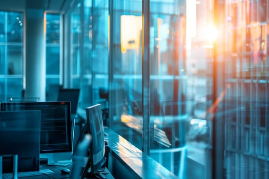 The electric blue sun shines through the aquatinted windows of the office building, casting reflections on computer monitors in the city