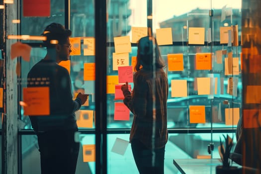 A glass wall in the city with sticky notes, reflecting tints and shades of the metropolitan area. Two people standing in front, making gestures