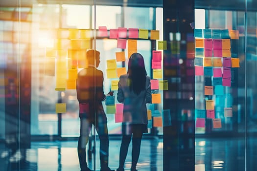 A man and a woman are standing in front of a building facade covered in sticky notes, creating a visual arts event in the city. The glass windows reflect tints and shades of electric blue rectangles