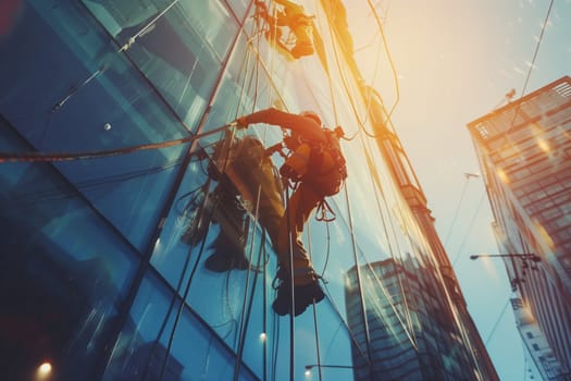 A man is cleaning the windows of a tall building against the electric blue sky, creating a symmetrical facade in the city, like a fictional character in a futuristic event