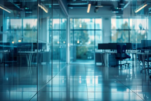 An empty office in a modern building with aqua flooring, electric blue chairs, and glass windows providing symmetry. The space is filled with natural light from the abundance of windows