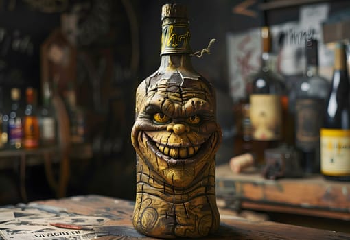 wine bottle that looks like a wooden grinch. High quality photo