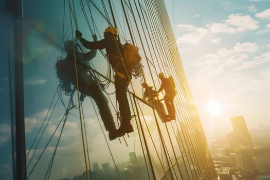 A group of men are working high up in the sky on the side of a tall building. They are using ropes and harnesses to reach their destination