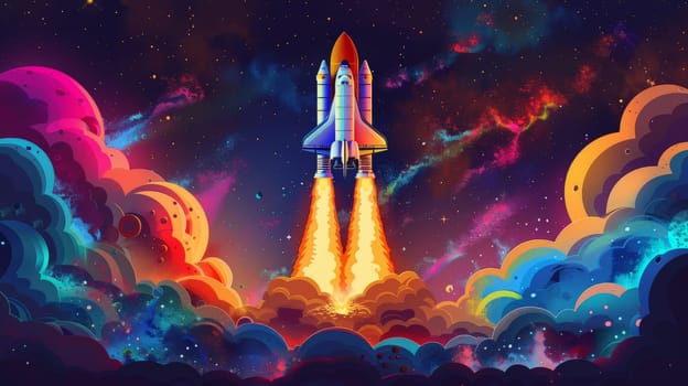 Rocket starts from abstract ground, Spaceship launch with fire and smoke, illustrations.