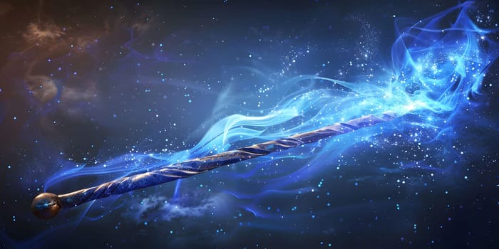 Magic wand with sparkle on blue background, Miracle magical stick Wizard tool on hot blue. High quality photo