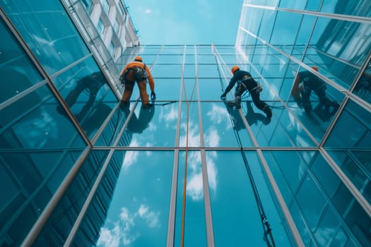 Two men are cleaning the windows of a tall azure building overlooking a swimming pool. The blue water reflects the composite material creating a sense of symmetry in the leisurely recreation area