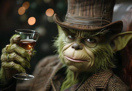 grinch is holding a wine. High quality photo