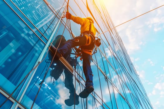 A man in azure shorts is leisurely cleaning the windows of a skyscraper with electric blue water. The vibrant aqua color adds an artistic touch to the recreation of the tall building