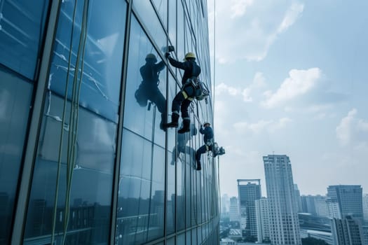 A group of people are cleaning the windows of a towering commercial building in the city under a clear daytime sky with electric blue hues, surrounded by clouds