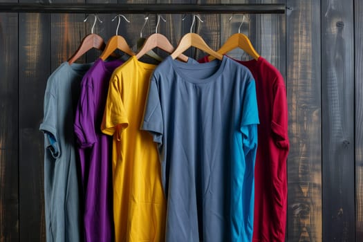 A display of fashionable Outerwear in a variety of colors like Purple, Magenta, and more. Includes Tshirts, formal wear, and onepiece garments on clothes hangers