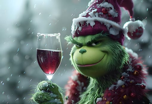 grinch is holding a wine. High quality photo