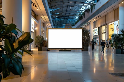 A white billboard stands prominently in the center of a bustling shopping mall, surrounded by various stores and fixtures like flooring and ceiling features