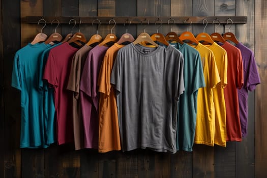 A row of colorful tshirts displayed on a wooden fixture, showcasing fashion designs in magenta and electric blue. Each shirt hangs on a clothes hanger, creating a vibrant display in the shop window