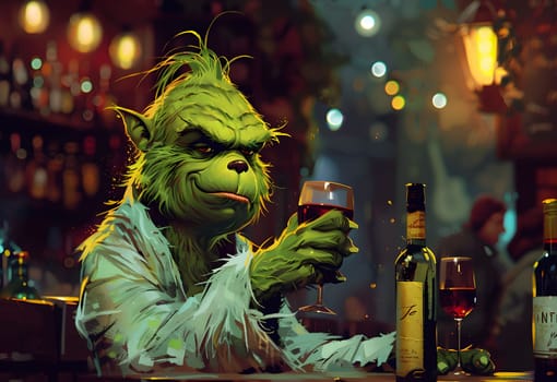 grinch is holding a wine. High quality photo