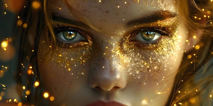 Macro and close-up creative make-up theme: beautiful female eye with golden shadows and yellow diamonds, retouched photo. High quality photo