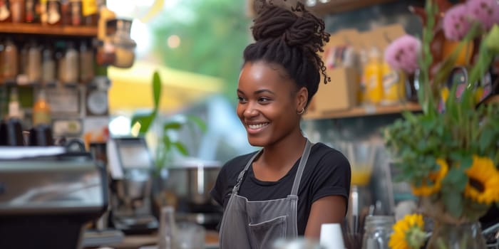 Beautiful Smiling female Barista in black apron looking ready and confident. Young girl employee open Coffee shop, Bakery Greeting customers. Sales Woman running store. High quality photo