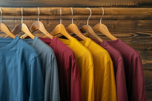 A display of outerwear and formal wear in a closet, featuring a row of shirts on wooden hangers. The textiles and fashion design show variety in sleeve lengths and styles