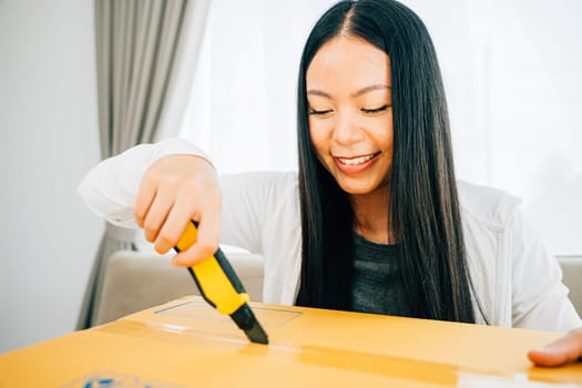 Young woman employs a cutter for precision unboxing revealing contents of an online shopping cardboard box. Engaged in opening unpacking and surprise from shopping. Retail concept.