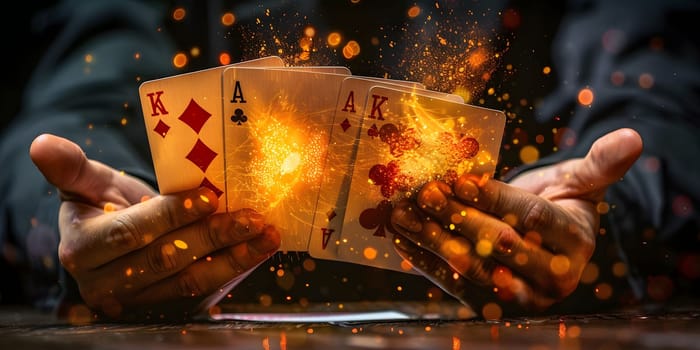 Magician shows trick with playing cards. Sleight of hand. Manipulation with props. High quality photo