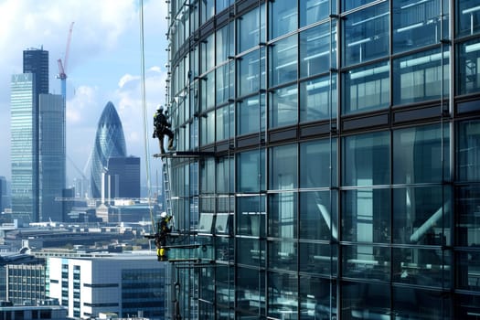 A man is cleaning the windows of a skyscraper in the city, with the urban design creating a striking backdrop against the cloudy sky